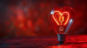 A glowing heart-shaped light bulb against a blurred red background, creating a romantic atmosphere.

