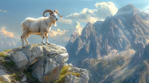 A mountain goat stands on a rocky ledge with majestic mountains and clouds in the background. 

