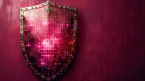 A futuristic shield design with glowing patterns against a deep red background. 

