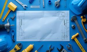 A collection of construction tools and a blueprint on a blue background, ideal for engineering presentations. 

