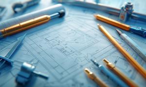 This image showcases an architectural blueprint with drafting tools, ideal for design and engineering presentations. 


