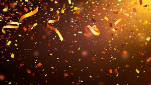 A vibrant celebration background with colorful confetti and ribbons on a warm gradient. 

