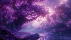 A mystical forest landscape with purple trees and ethereal light, perfect for tranquil presentations.

