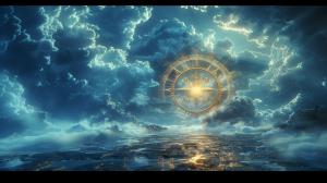 This ethereal image features a glowing compass in a dramatic cloud-filled sky, perfect for themes of exploration and guidance.

