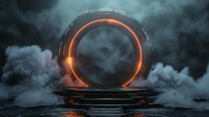 A futuristic glowing portal surrounded by mist and clouds, evoking a sense of mystery and adventure. 

