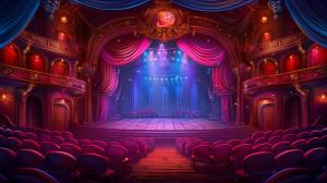 A vibrant theater interior with an illuminated stage and plush red seating, perfect for performing arts presentations.

