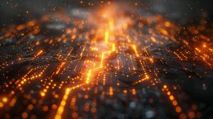Bright orange lights illuminate a circuit board, creating a dynamic, tech-inspired background. 

