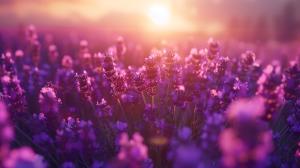 A serene lavender field at sunset, creating a tranquil and dreamy atmosphere. 

