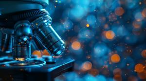 A close-up of a microscope with a blue and orange bokeh background, symbolizing scientific exploration.

