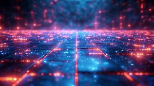 A vibrant digital grid background with blue and red lights, perfect for tech-themed presentations.

