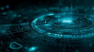 A futuristic digital background with glowing blue patterns and data visualization elements.

