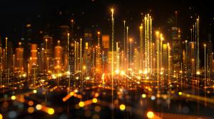 A vibrant digital cityscape with golden lights, perfect for tech and innovation presentations.

