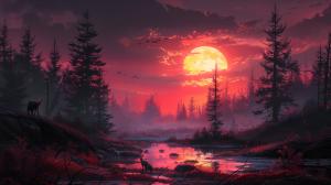 A vibrant sunset landscape featuring a stag by a tranquil river, surrounded by trees and mist.

