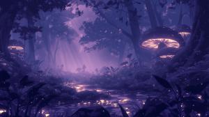 A mystical purple forest with glowing mushrooms and a serene stream, creating an enchanting atmosphere. 

