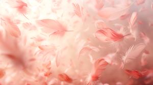 A soft pink background with delicate, floating feathers creating a tranquil and dreamy atmosphere. 

