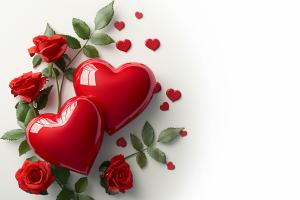 A romantic arrangement of red hearts and roses on a soft white background. 

