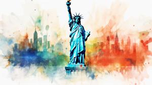 A colorful depiction of the Statue of Liberty against an abstract NYC skyline background. 

