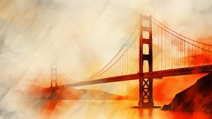 A stylized image of the Golden Gate Bridge with warm, abstract colors. 

