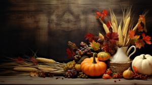 A vibrant autumn display with pumpkins, corn, grapes, and colorful leaves against a dark wooden background. 

