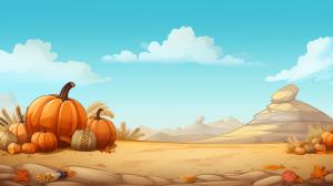 A colorful autumn landscape featuring pumpkins and a clear blue sky, ideal for seasonal presentations.

