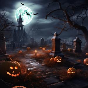 A spooky Halloween graveyard scene with glowing pumpkins and a full moon. 

