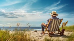 This image shows an elderly man relaxing on a beach, gazing at the ocean under a blue sky.


