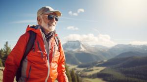 An elderly man in an orange jacket smiles against a stunning mountain backdrop, embodying outdoor adventure. 

