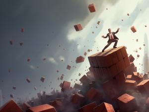 This image shows a man in a suit standing on a block amidst floating red cubes, symbolizing triumph over chaos. 

