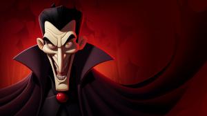 A cartoon vampire character with a sinister expression against a red background.

