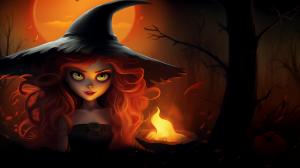 A whimsical witch with red hair and glowing cauldron against a dark, autumn backdrop.

