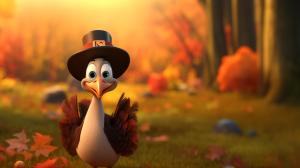 A cheerful cartoon turkey in a hat set against a colorful autumn background.


