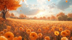 A serene landscape of orange flowers under a glowing sunset, with a tree and gentle breezes adding movement.

