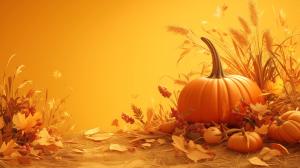 A cozy autumn background featuring pumpkins, colorful leaves, and warm orange hues.

