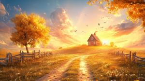 A warm autumn landscape featuring a cozy house, vibrant trees, and a glowing sunset.

