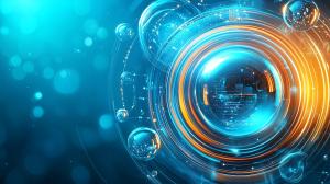 A vibrant abstract design with swirling circles and luminous bubbles in blue and orange tones.

