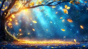 A magical tree scene with golden leaves and a dreamy blue background, perfect for nature-themed presentations. 

