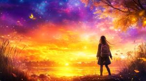 A young girl gazes at a vibrant sunset by the water, surrounded by nature&#039;s beauty and a whimsical atmosphere. 

