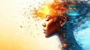 This image depicts a woman with an abstract explosion of colors and shapes emanating from her head, symbolizing creativity and technology.

