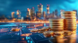 A modern digital finance scene with golden coins and a blurred city skyline. 

