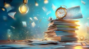 A stack of books with a clock and floating pages, symbolizing knowledge and time management.

