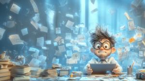 A whimsical character surrounded by floating papers, holding a tablet, conveying creativity and chaos. 

