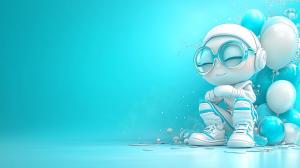 A playful character in a turquoise setting, surrounded by blue and white balloons. 

