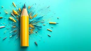 A vibrant yellow pencil amidst an explosion of colors on a turquoise background. 

