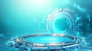 A futuristic, high-tech circular platform background in blue and teal tones, perfect for tech presentations.

