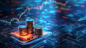 A digital representation of stacked coins on a circuit board, symbolizing finance and technology.

