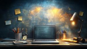 A modern workspace with a laptop and stationery, ideal for presentations on productivity and data analysis.

