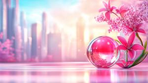 A tranquil scene featuring pink flowers and a glass orb against a dreamy cityscape background.

