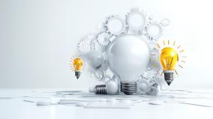 A creative arrangement of light bulbs and gears symbolizing innovation and inspiration.

