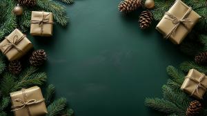 Festive holiday scene with golden gifts and pine branches on a green background.