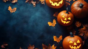 A festive Halloween scene with glowing carved pumpkins and autumn leaves on a dark background. 

